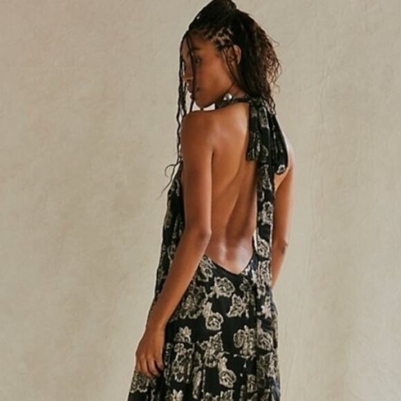 Free People Open Back Maxi Dress Black and Gold Metallic Size Small - Picture 2 of 9